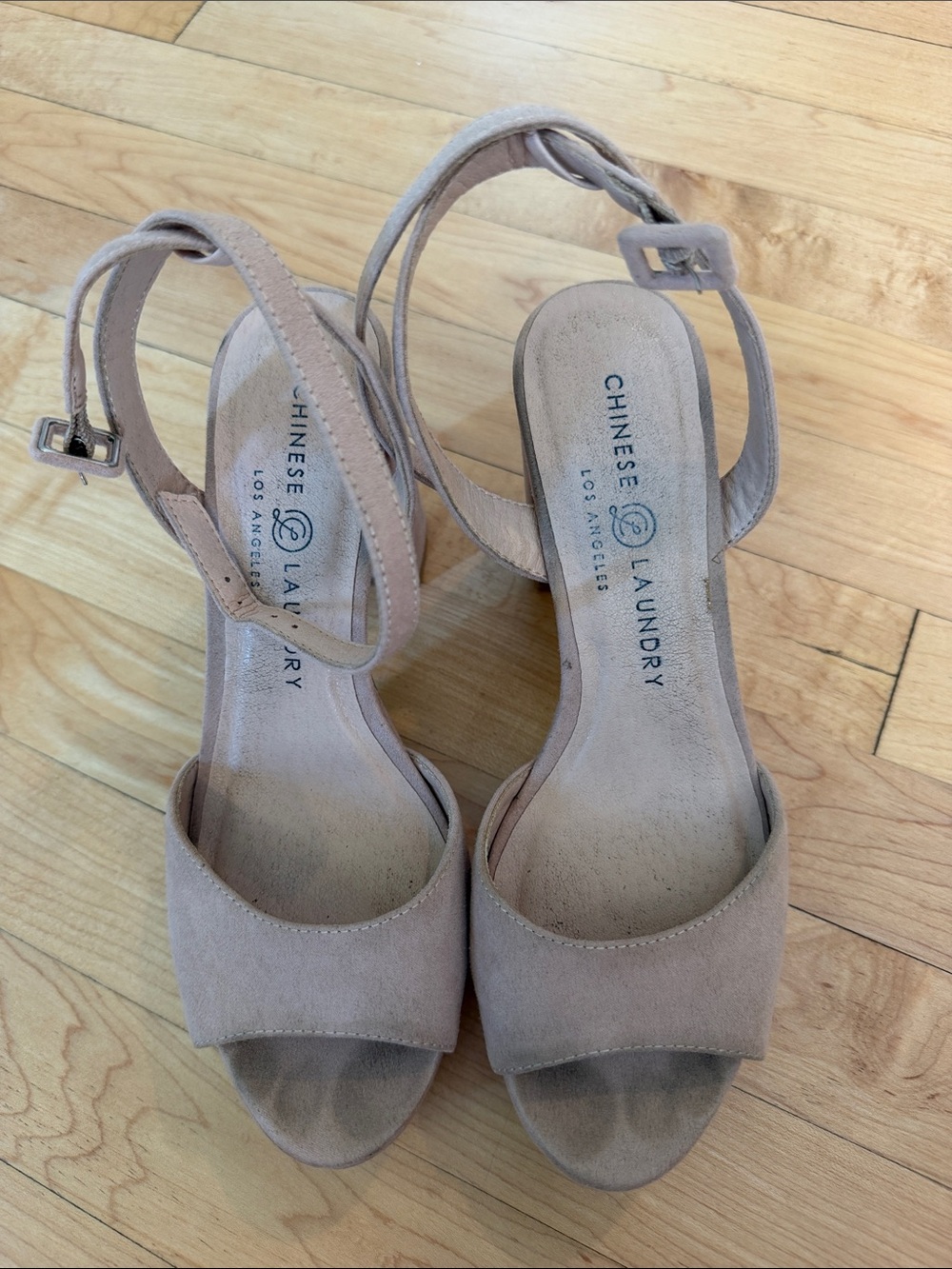 Chinese Laundry Taupe Suede Ankle Strap Heels, suede. Womens size 8.